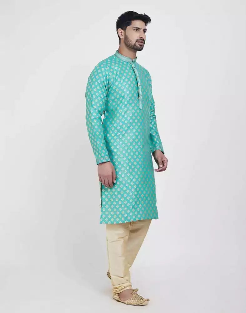 Image of Firozi Self Highlighted Brocade Design Kurta Pajama Set