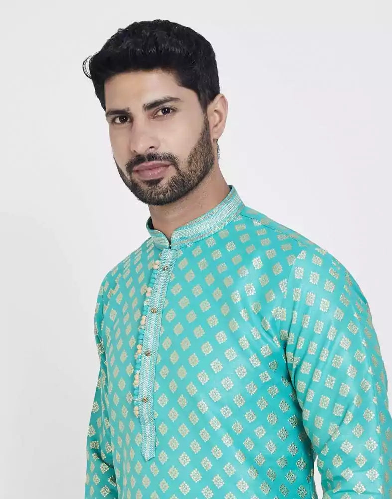 Image of Firozi Self Highlighted Brocade Design Kurta Pajama Set