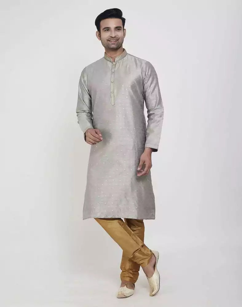 Image of Grey Coloured Self Highlighted Brocade Design Kurta Pajama Set