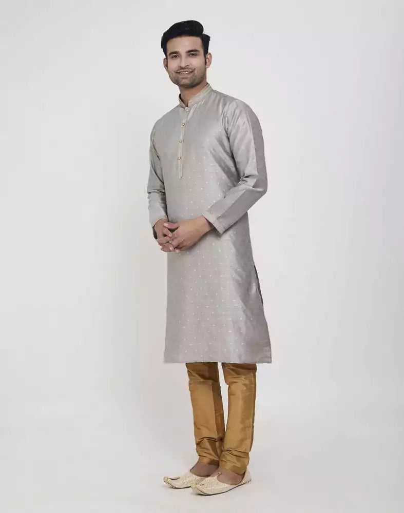 Image of Grey Coloured Self Highlighted Brocade Design Kurta Pajama Set
