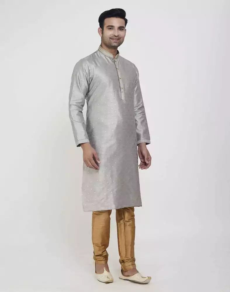 Image of Grey Coloured Self Highlighted Brocade Design Kurta Pajama Set