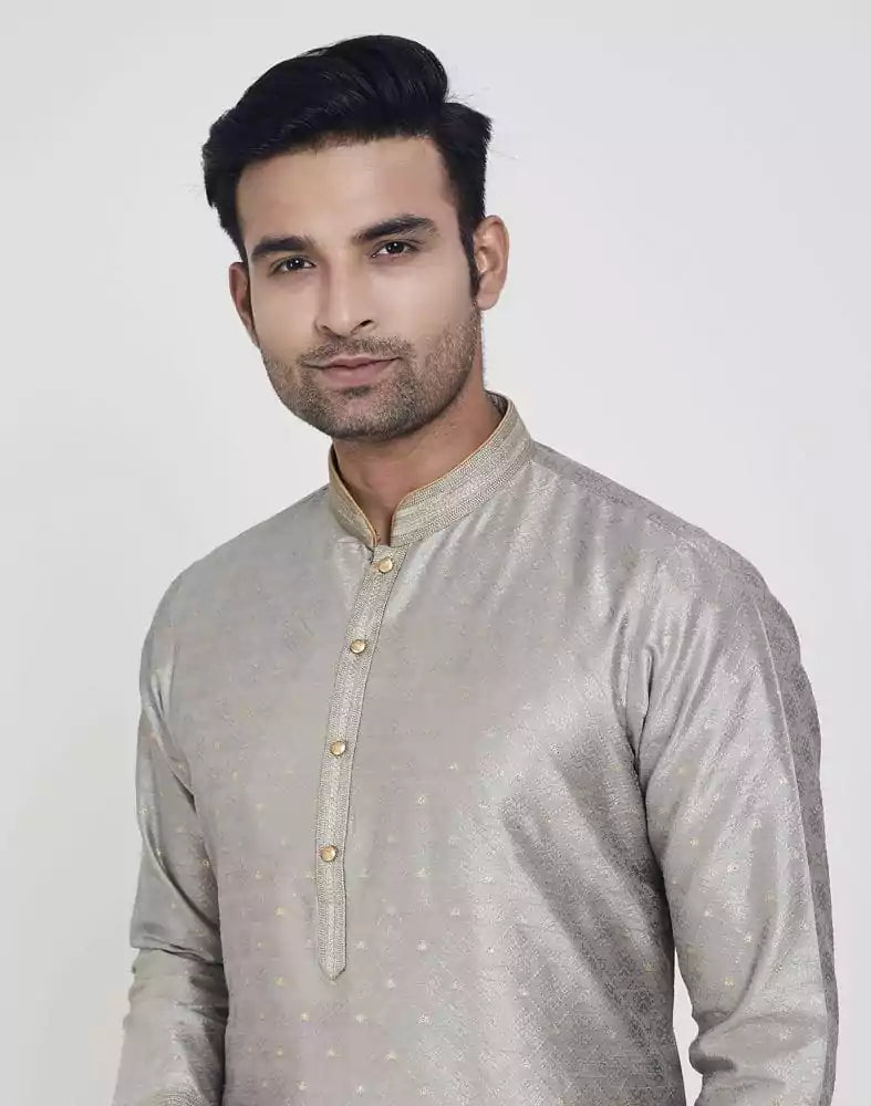 Image of Grey Coloured Self Highlighted Brocade Design Kurta Pajama Set