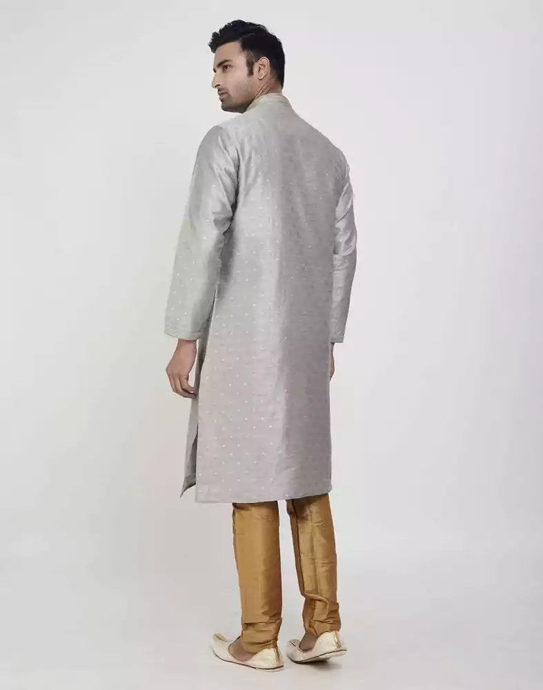 Image of Grey Coloured Self Highlighted Brocade Design Kurta Pajama Set