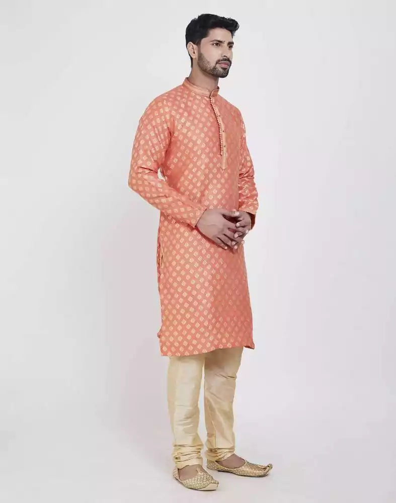 Image of Orange Self Highlighted Brocade Design Kurta Pajama Set
