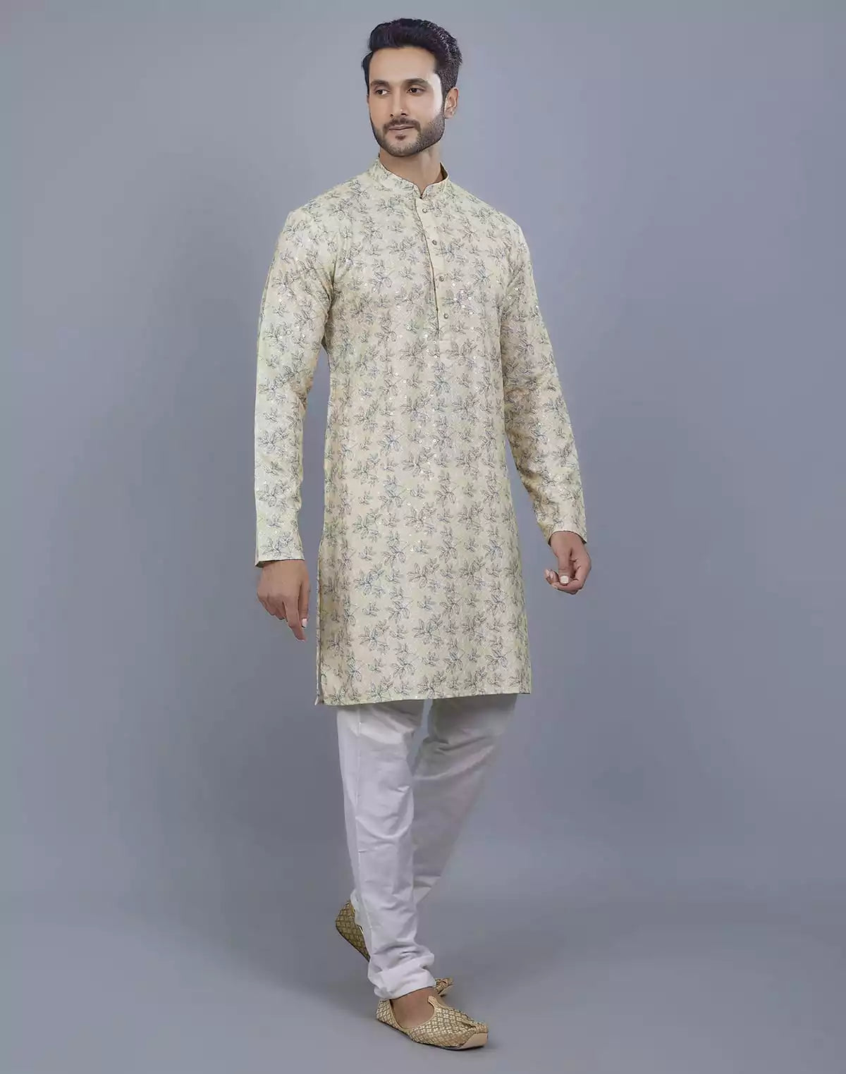 Image of Floral Print Thread Embroidery work Kurta Set