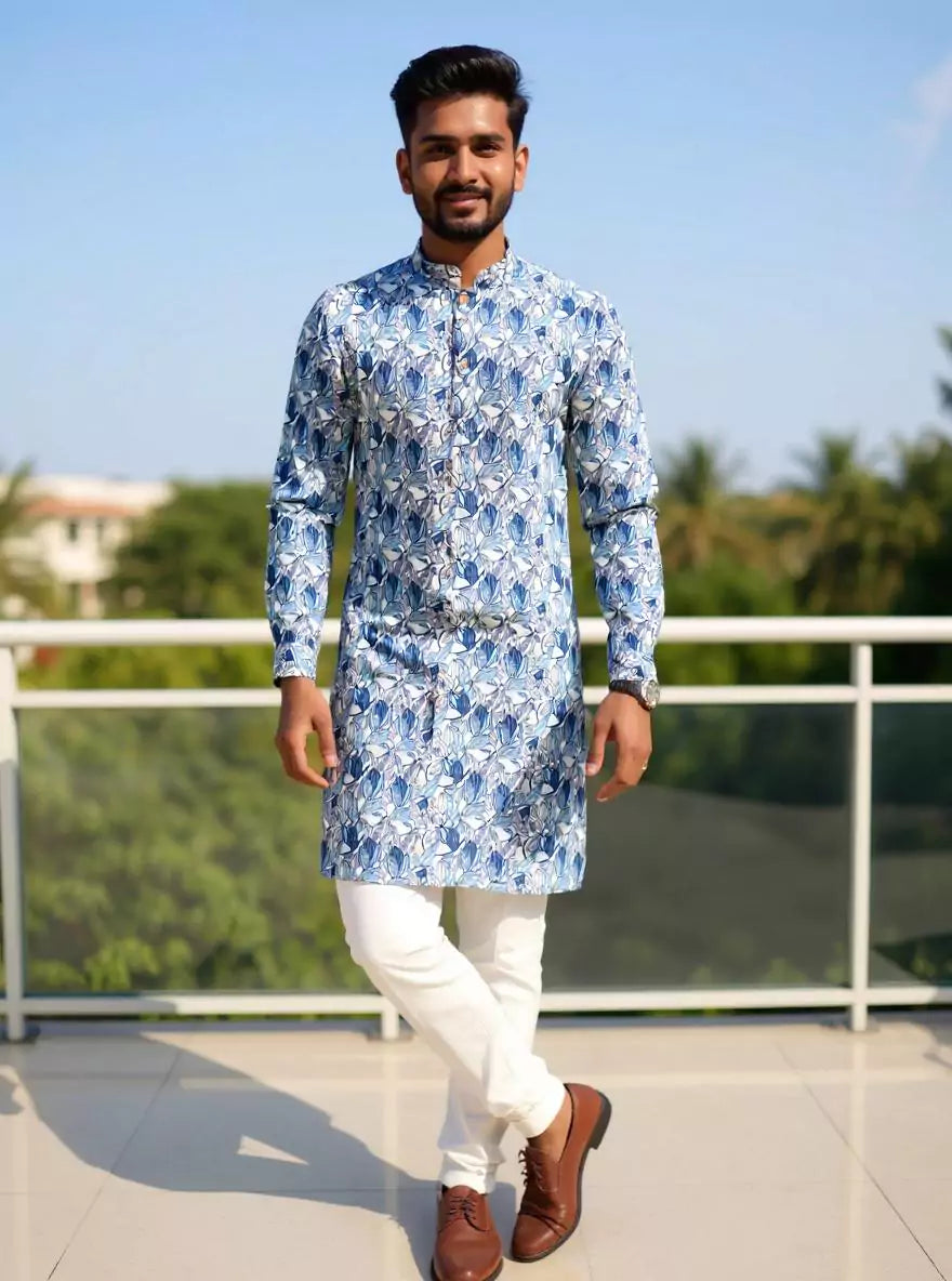 Image of Indigo Blue Floral Printed Giza Cotton Kurta