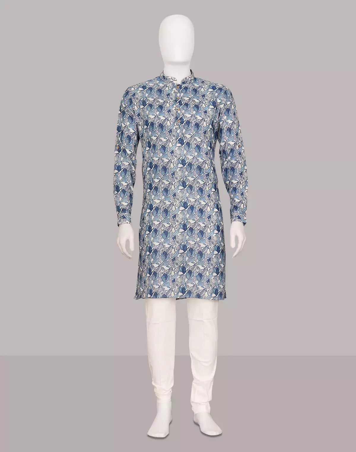 Image of Indigo Blue Floral Printed Giza Cotton Kurta