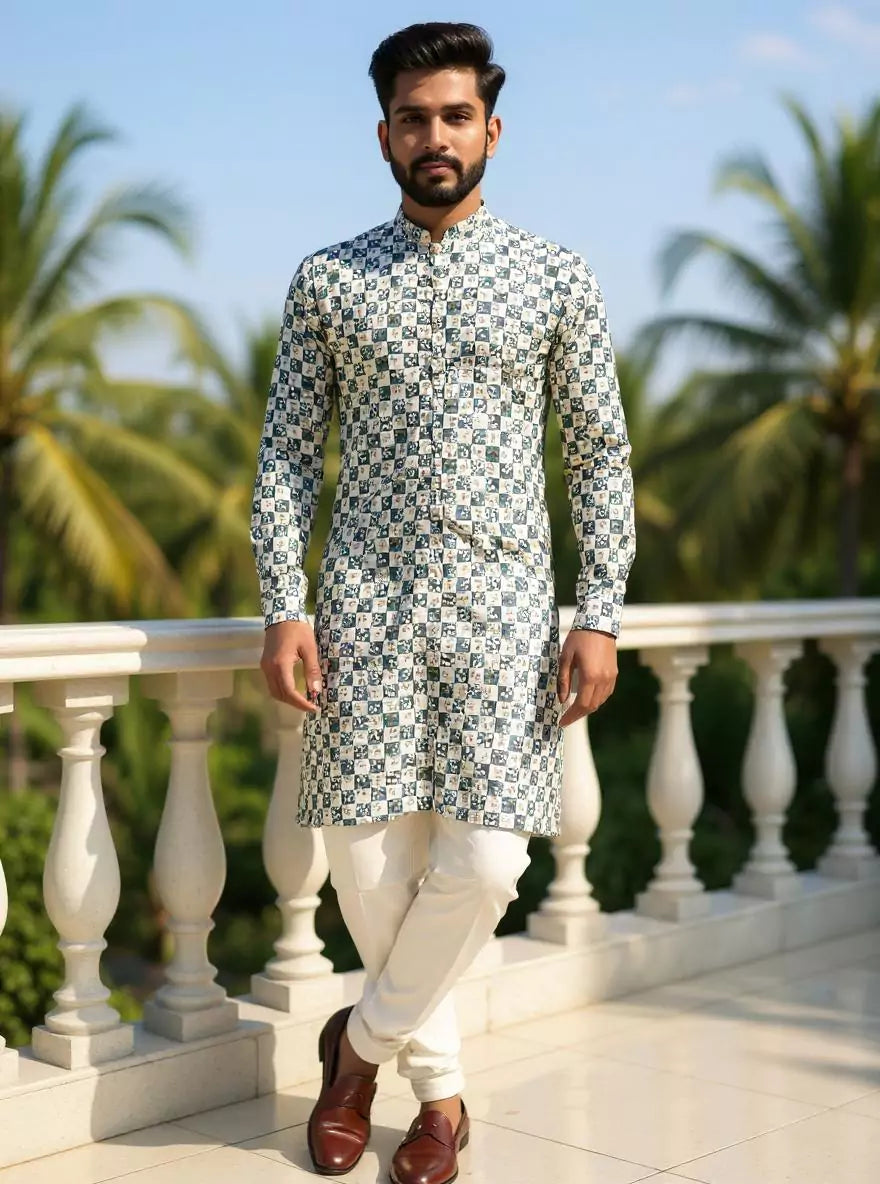 Image of Cream Floral Print Giza Cotton Kurta for Men