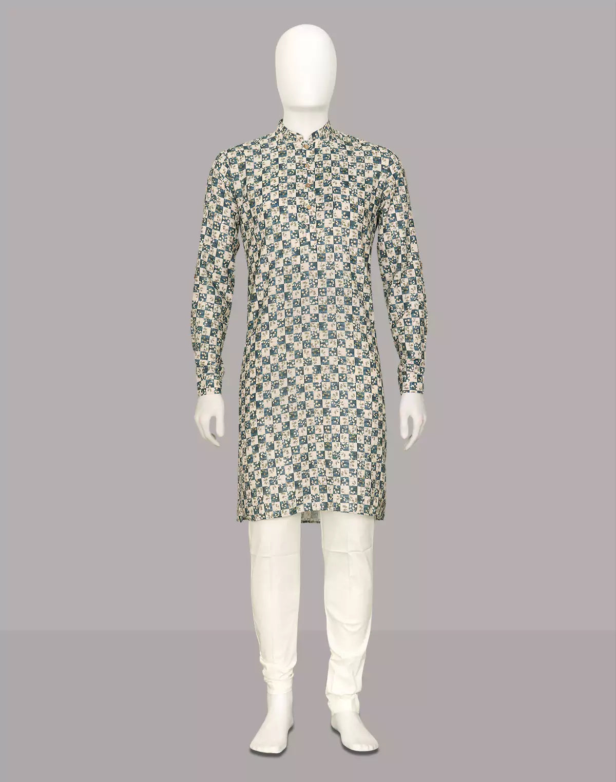 Image of Cream Floral Print Giza Cotton Kurta for Men