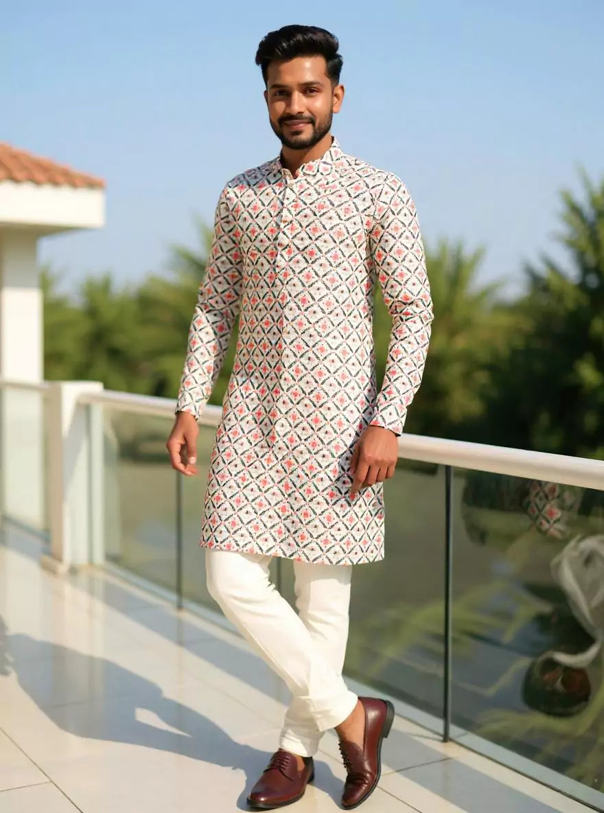 Image of Pink Floral Motifs with Animal Print Giza Cotton Kurta