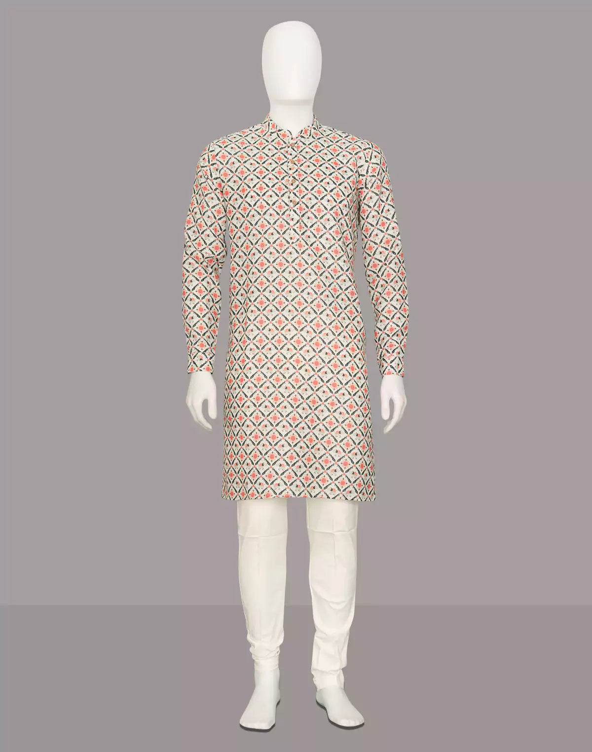 Image of Pink Floral Motifs with Animal Print Giza Cotton Kurta