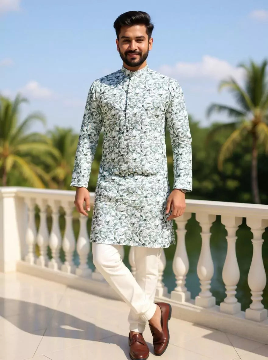 Image of Glaxo Cotton Botanical Print Mehendi Colour Kurta