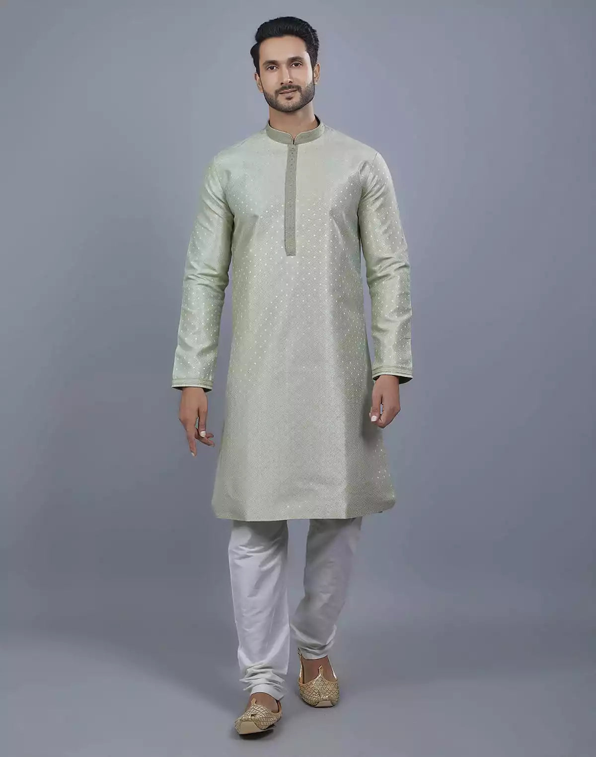 Image of Pista Green All Over Silver Motive Pattern Kurta Set