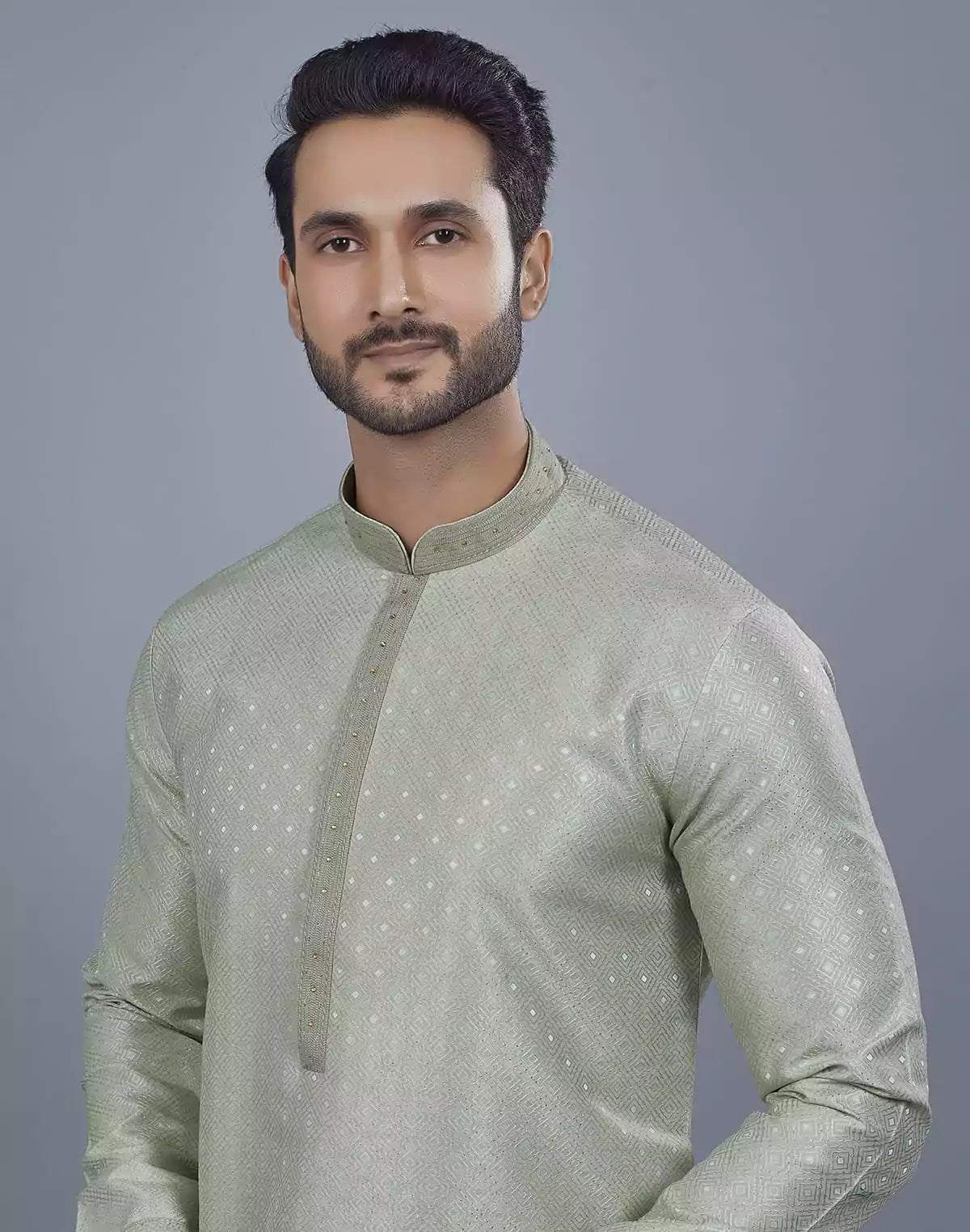 Image of Pista Green All Over Silver Motive Pattern Kurta Set