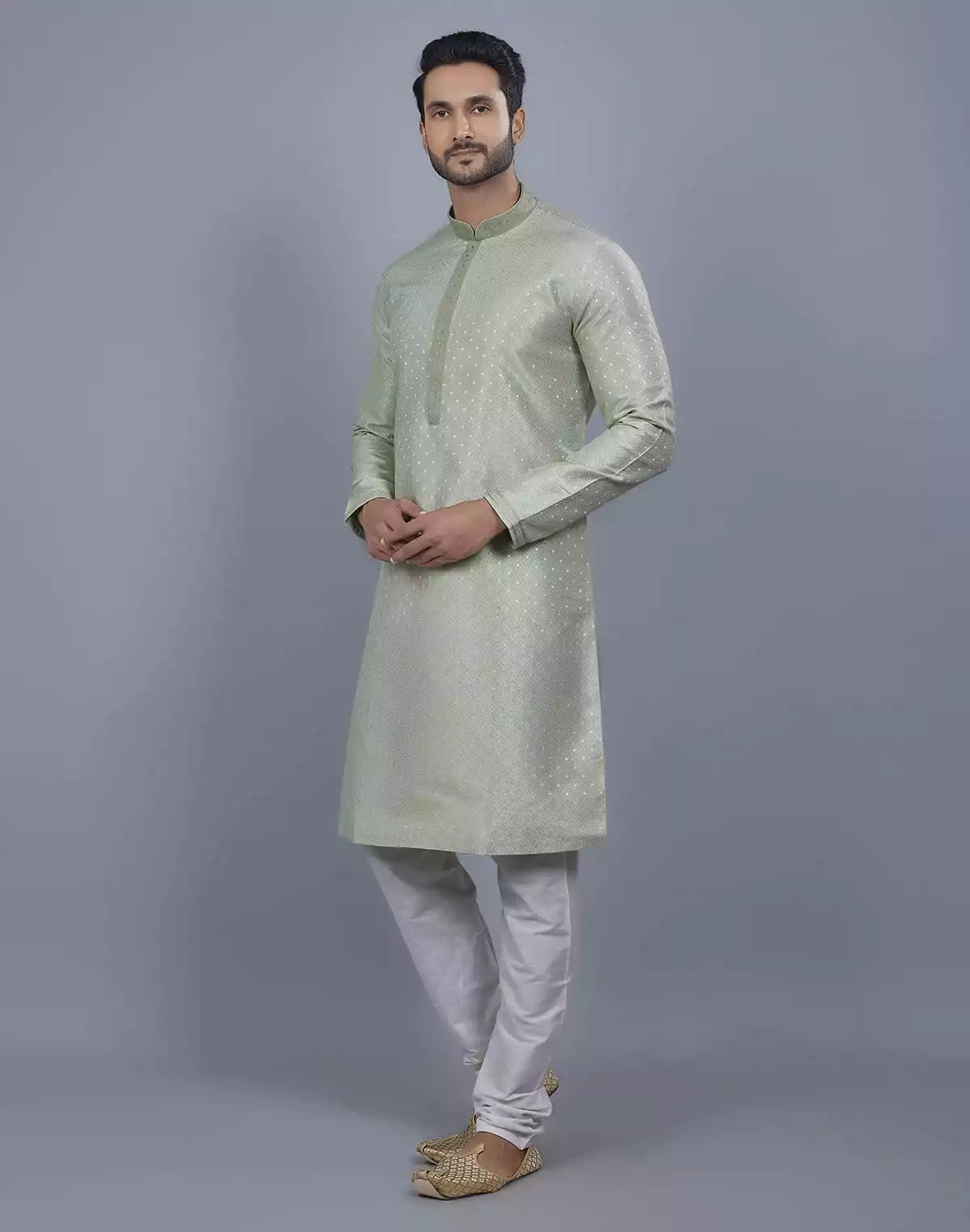 Image of Pista Green All Over Silver Motive Pattern Kurta Set