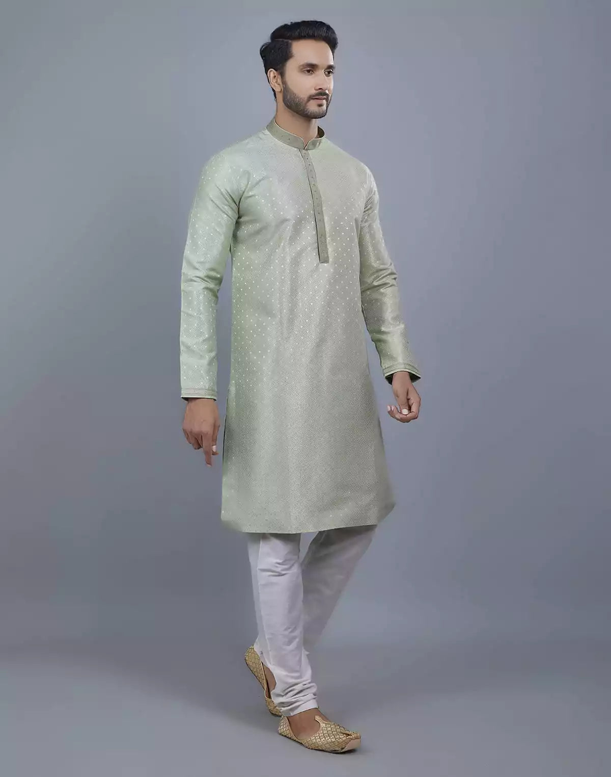 Image of Pista Green All Over Silver Motive Pattern Kurta Set
