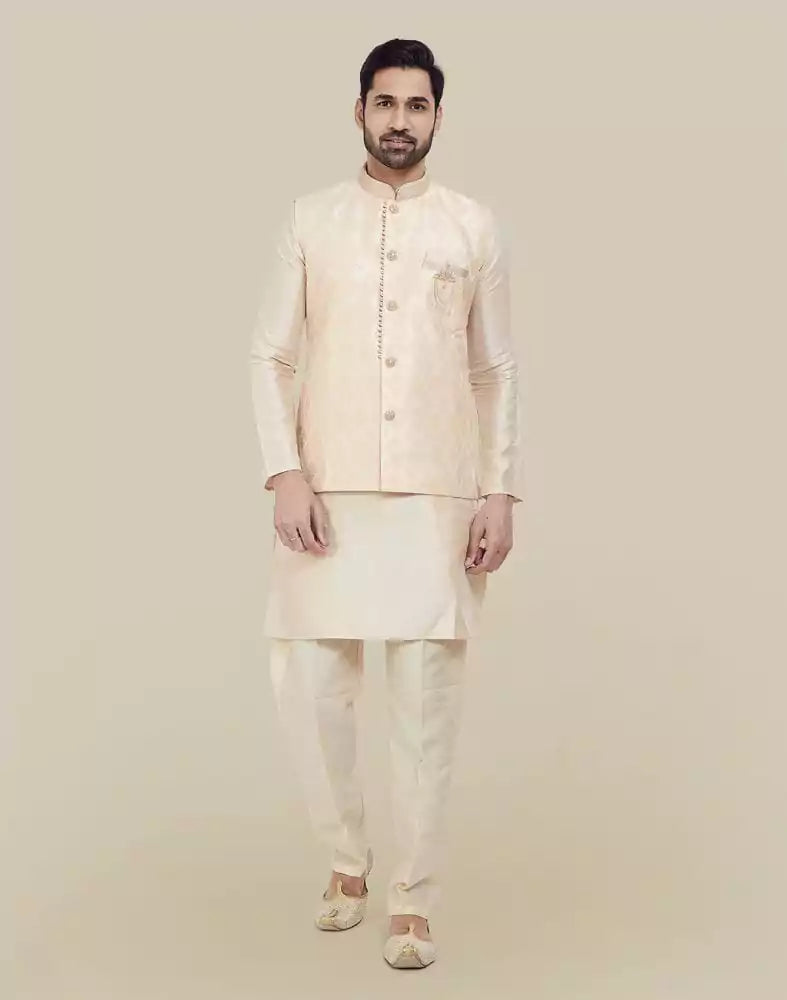 Image of Peach Jacquard With Plain Kurta Set