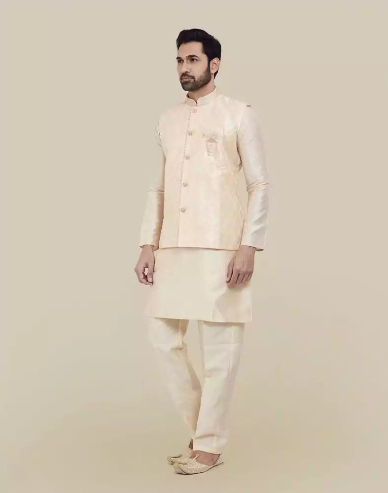 Image of Peach Jacquard With Plain Kurta Set