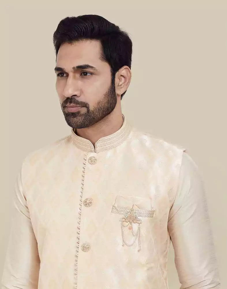 Image of Peach Jacquard With Plain Kurta Set