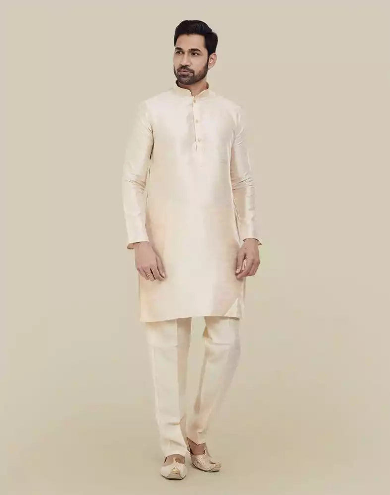 Image of Peach Jacquard With Plain Kurta Set