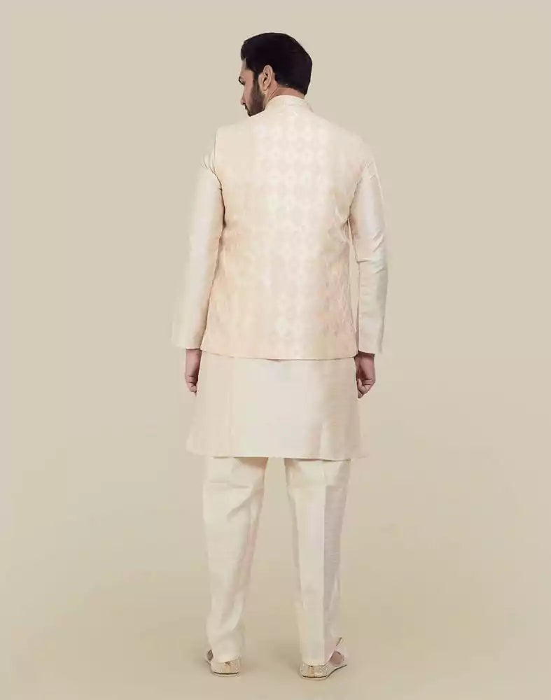 Image of Peach Jacquard With Plain Kurta Set