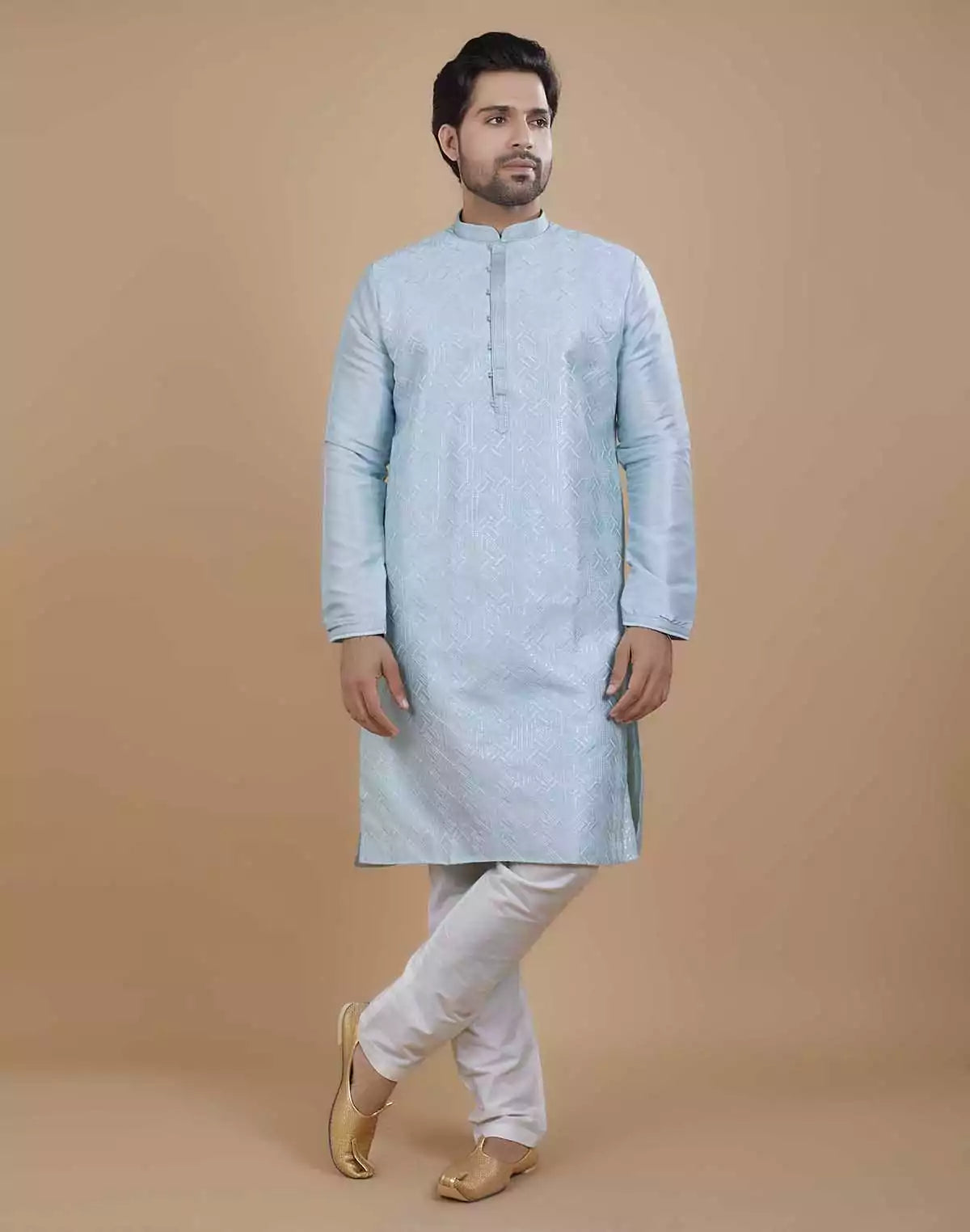 Image of Soft Silk Self Design Pattern Sky Blue Kurta Set