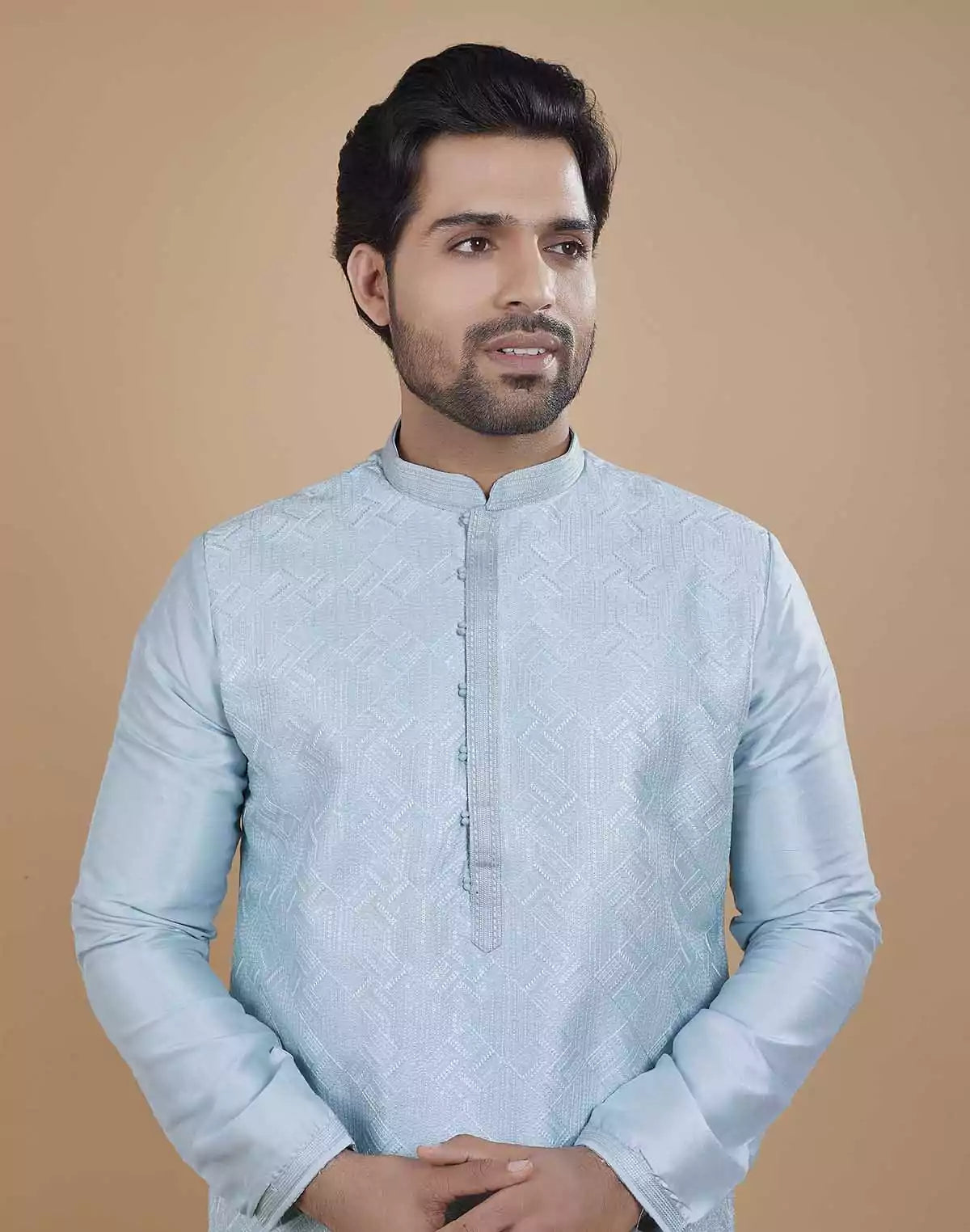 Image of Soft Silk Self Design Pattern Sky Blue Kurta Set