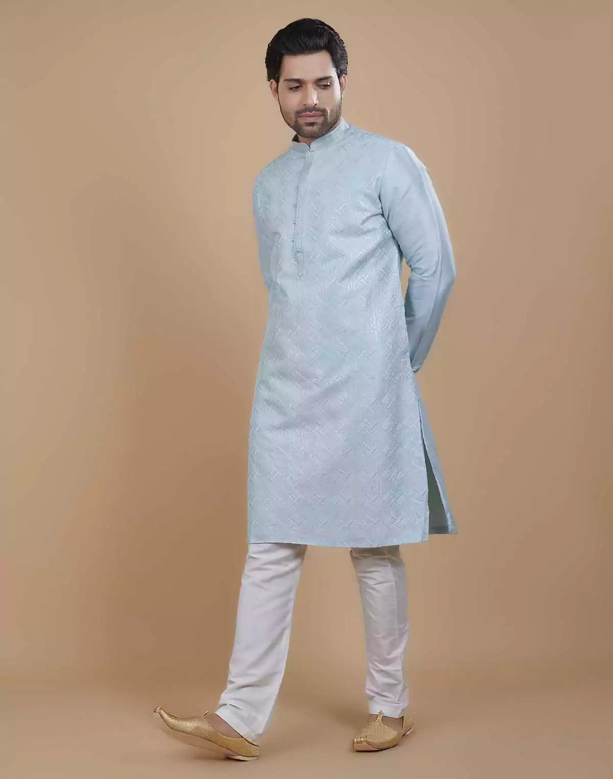 Image of Soft Silk Self Design Pattern Sky Blue Kurta Set