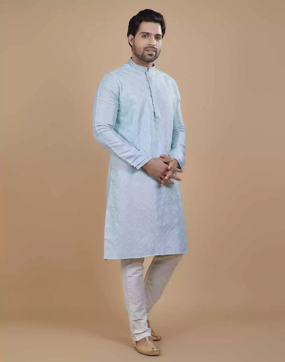 Image of Soft Silk Self Design Pattern Sky Blue Kurta Set