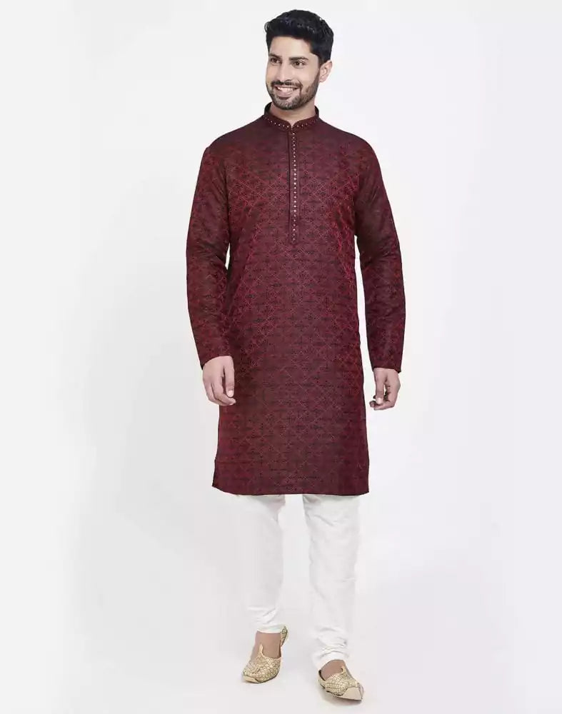 Image of Red Perfect And Stylish Brocade Kurta Pajama Set