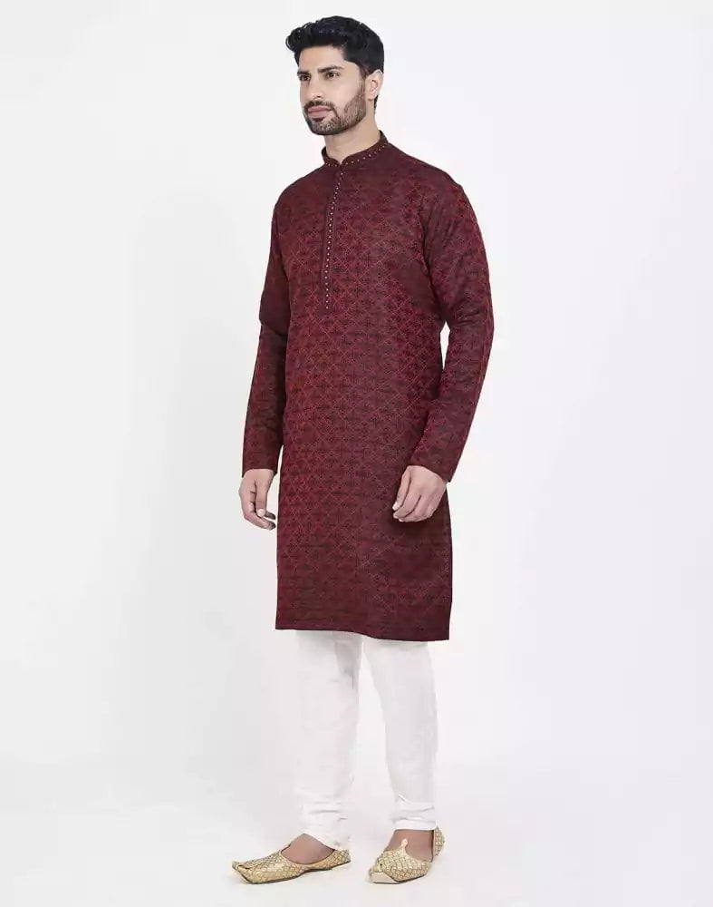 Image of Red Perfect And Stylish Brocade Kurta Pajama Set