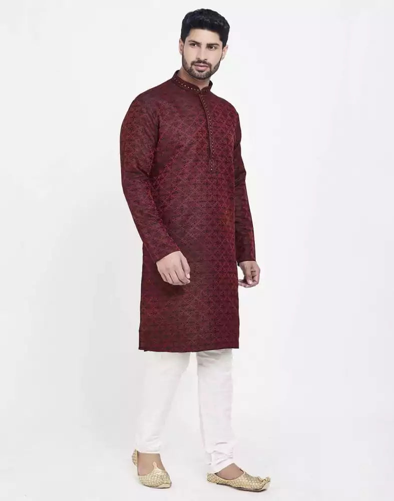 Image of Red Perfect And Stylish Brocade Kurta Pajama Set