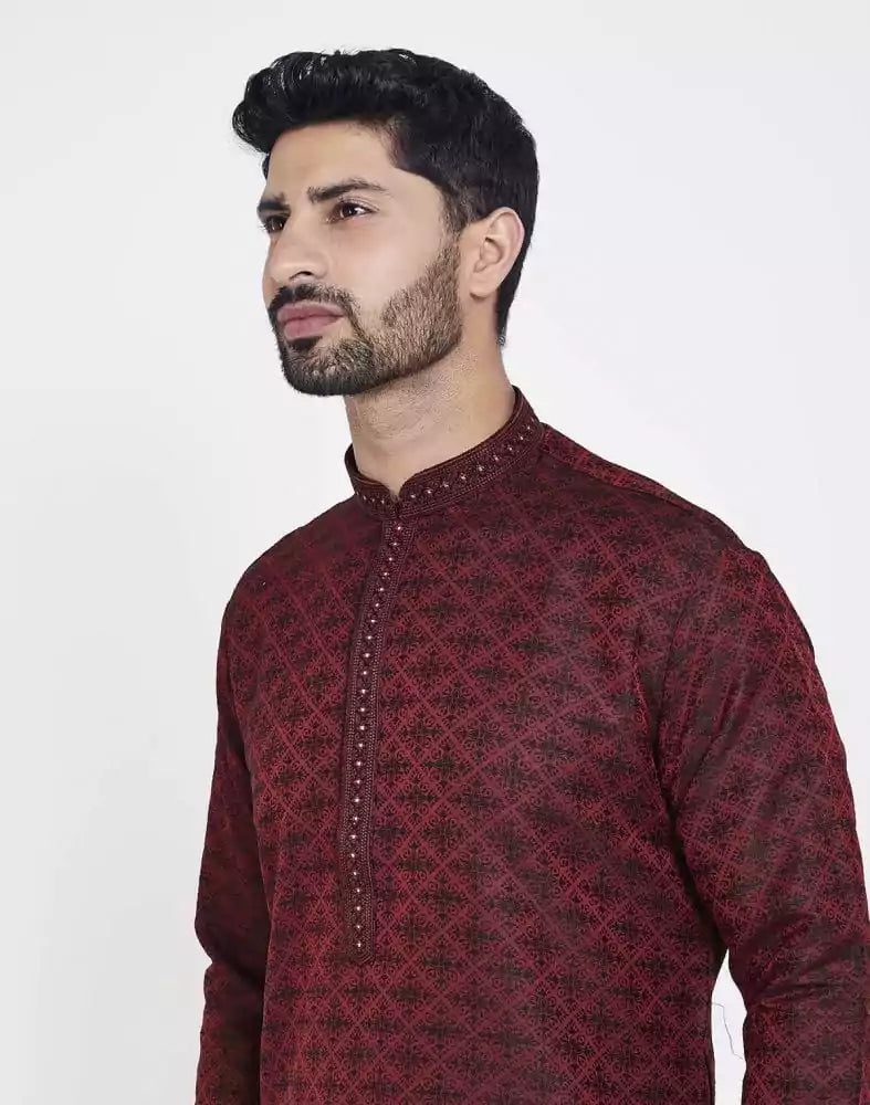 Image of Red Perfect And Stylish Brocade Kurta Pajama Set