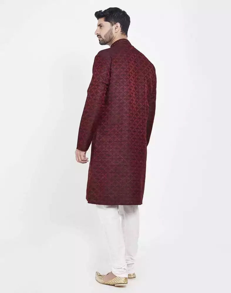 Image of Red Perfect And Stylish Brocade Kurta Pajama Set