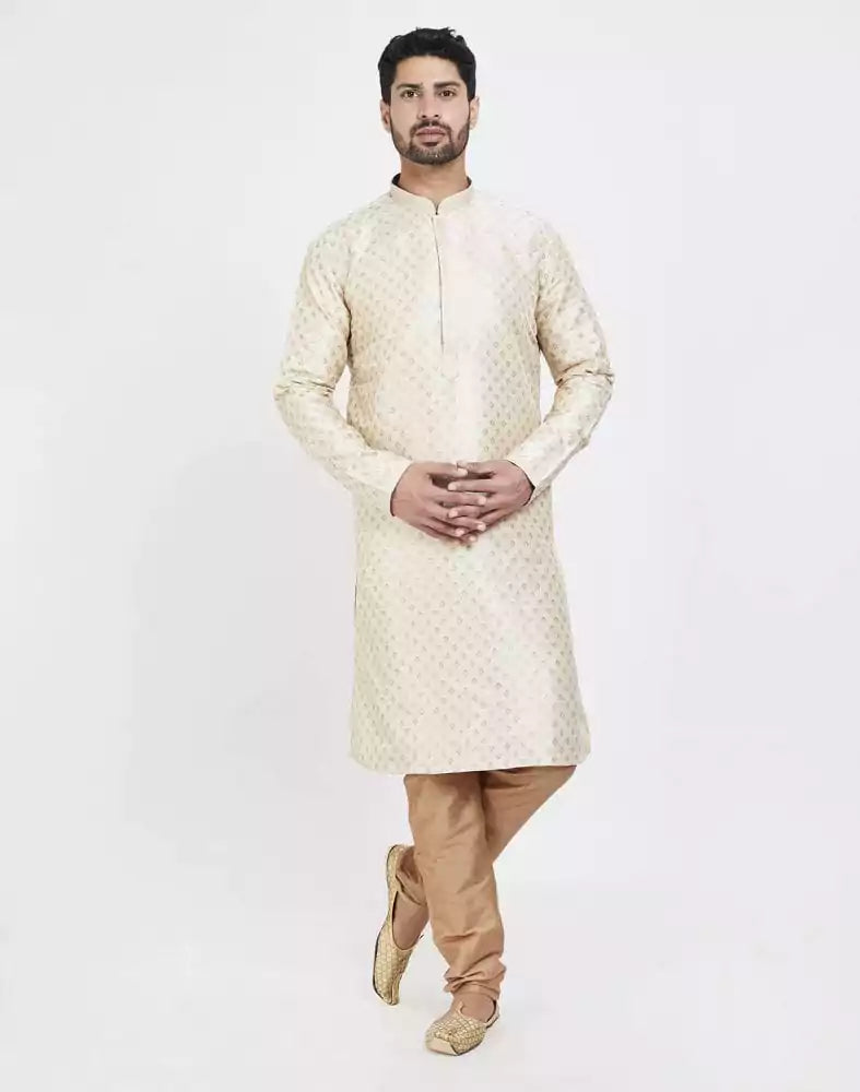 Image of Cream Art Silk Booties Design Kurta Pajama