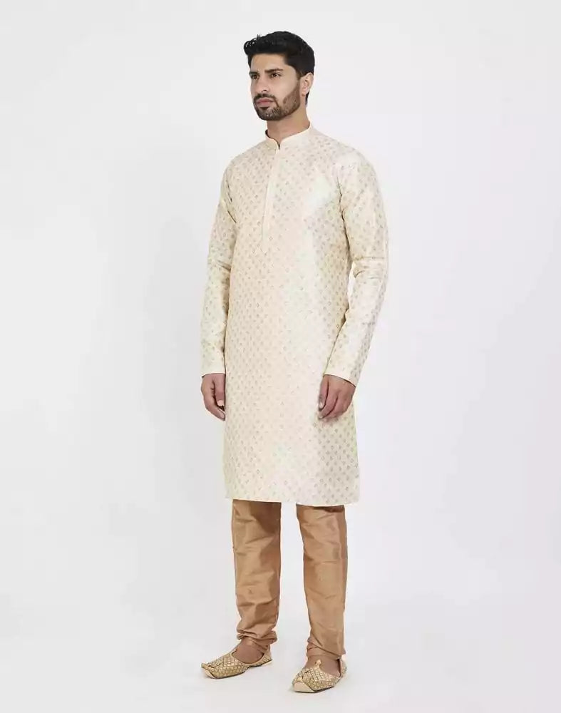 Image of Cream Art Silk Booties Design Kurta Pajama