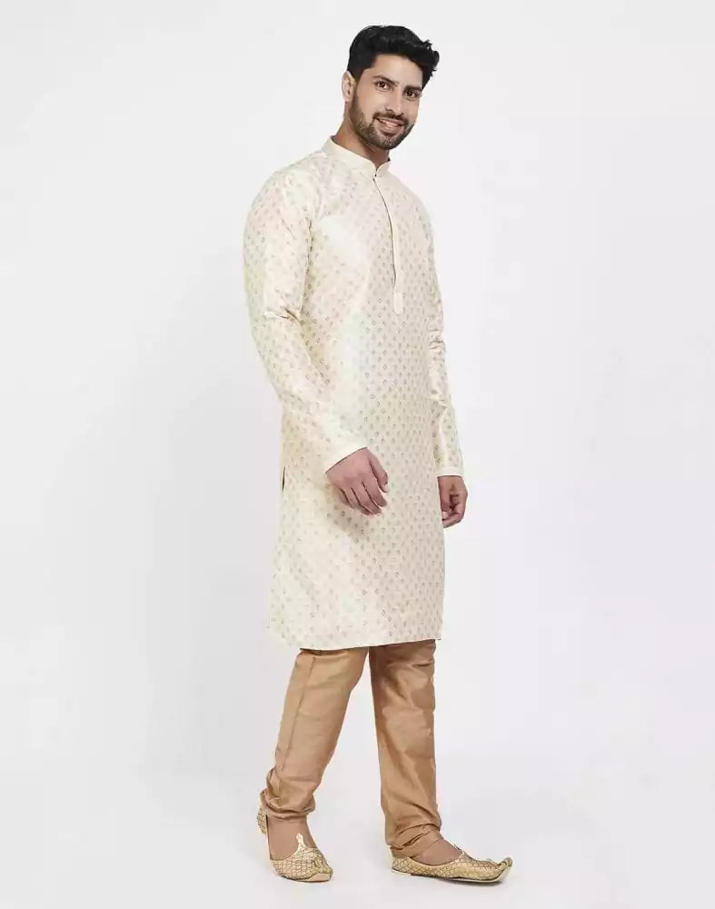 Image of Cream Art Silk Booties Design Kurta Pajama