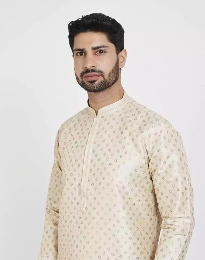 Image of Cream Art Silk Booties Design Kurta Pajama