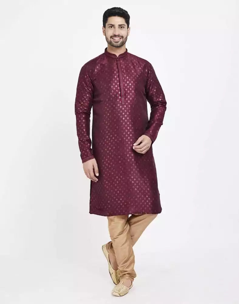 Image of Maroon Art Silk Booties Design Kurta Pajama
