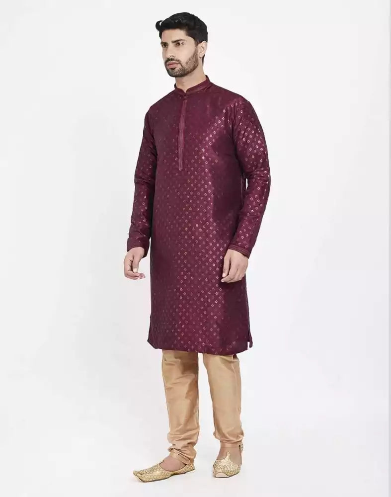 Image of Maroon Art Silk Booties Design Kurta Pajama