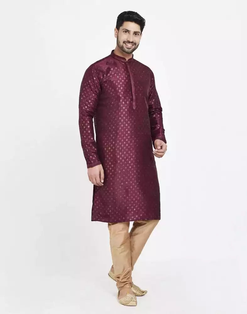 Image of Maroon Art Silk Booties Design Kurta Pajama
