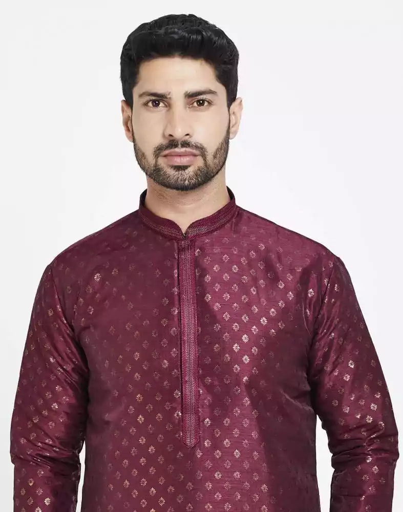 Image of Maroon Art Silk Booties Design Kurta Pajama