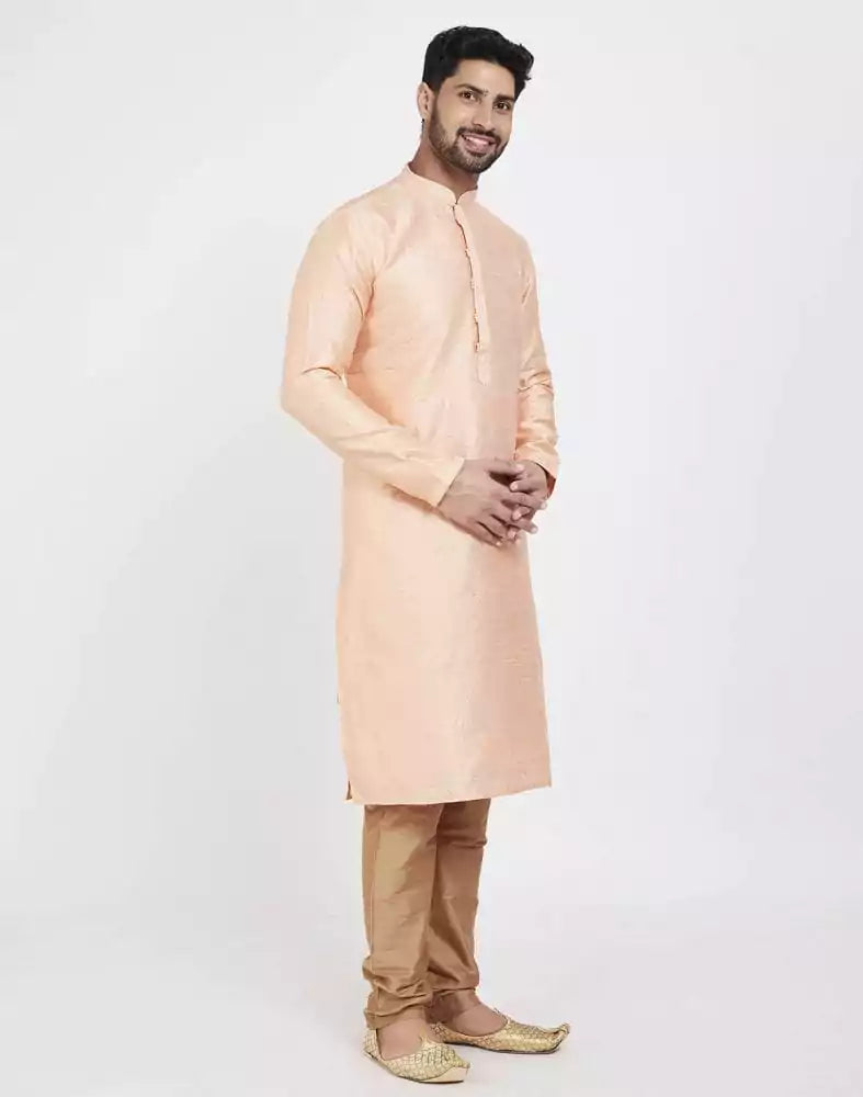 Image of Peach Impressive Thread And Collar Work Kurta Pajama