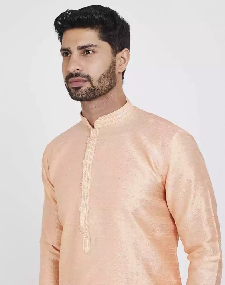 Image of Peach Impressive Thread And Collar Work Kurta Pajama