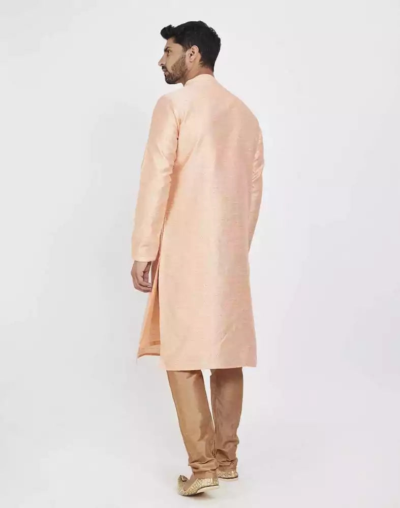 Image of Peach Impressive Thread And Collar Work Kurta Pajama