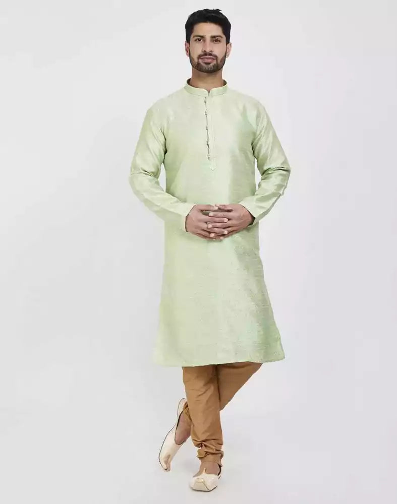 Image of Pista Green Impressive Thread And Collar Work Kurta Pajama