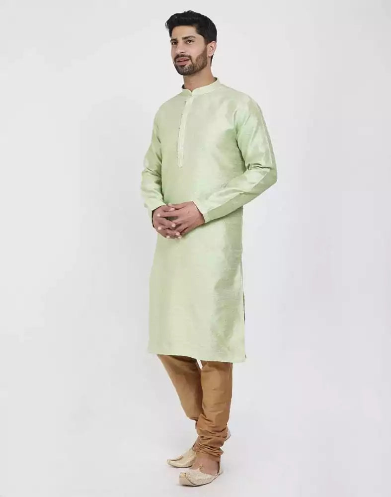 Image of Pista Green Impressive Thread And Collar Work Kurta Pajama