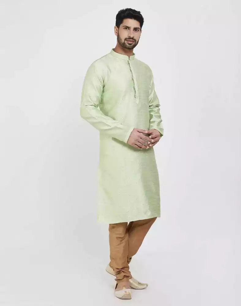Image of Pista Green Impressive Thread And Collar Work Kurta Pajama