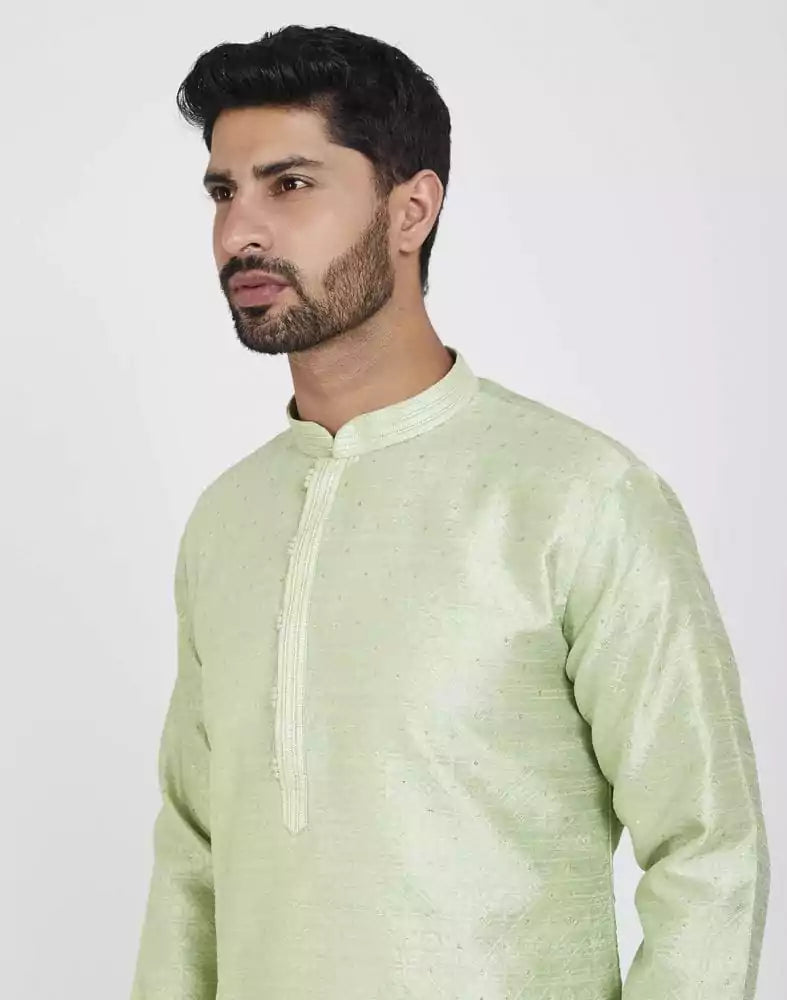 Image of Pista Green Impressive Thread And Collar Work Kurta Pajama
