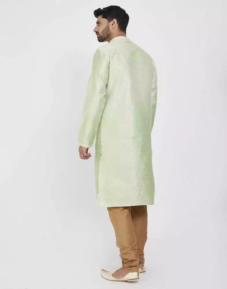 Image of Pista Green Impressive Thread And Collar Work Kurta Pajama